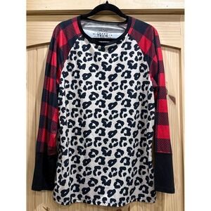 Crazy Train Black & White Leopard Print Top with Red Buffalo Plaid Sleeves